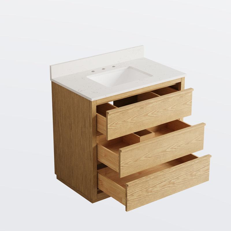 Meuble-lavabo sur pied l 36 po x H 35 po avec structure en bois de chêne, comptoir en quartz blanc Carrera, lavabo simple, entièrement assemblé