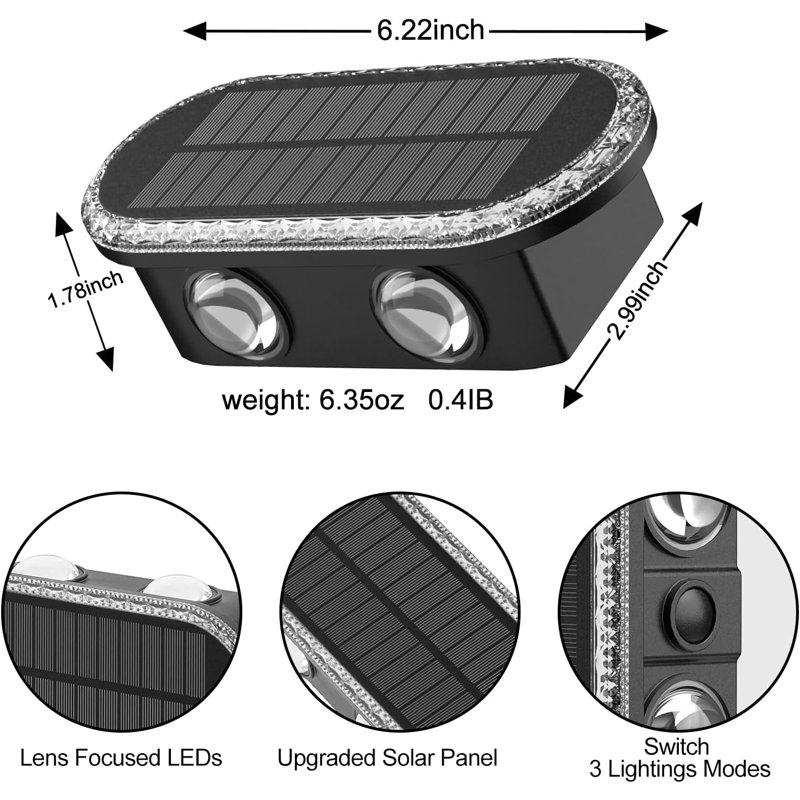 Paquet de 8 lumières de clôture solaires pour l'extérieur, éclairage bidirectionnel vers le haut et vers le bas, éclairage à DEL étanche pour rampe de jardin, balcon, escalier, patio, mur de jardin, marche / arrêt automatique, installation facile