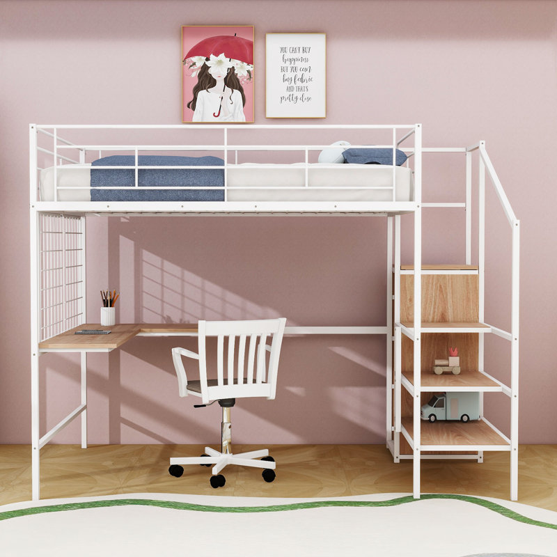 Metal Loft Bed With Desk And Staircases, Full, White