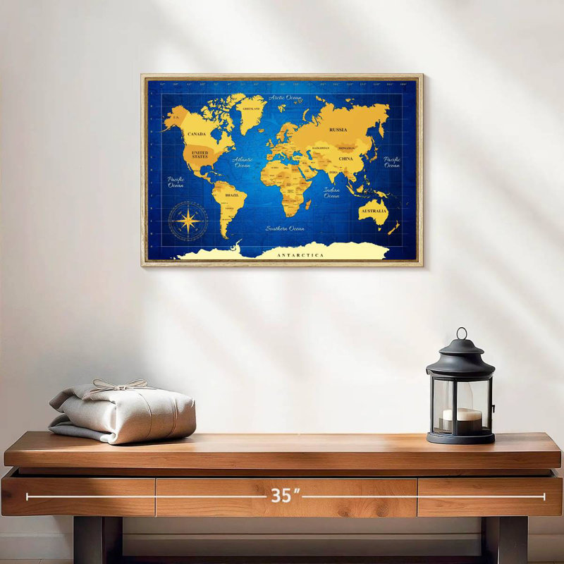 Carte du monde jaune, 19 po x 13 po, Cadre flottant en bois naturel