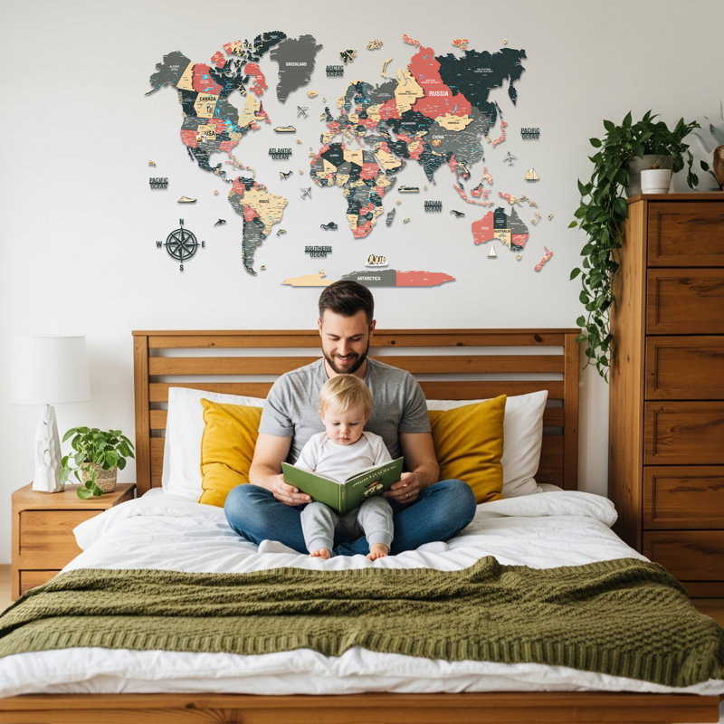 3D Wooden World Map – UV Printed Wall Art, Modern Home & Office Decor, Grey/Beige/Black/Red, 75cmH x 120cmW x 1cmD