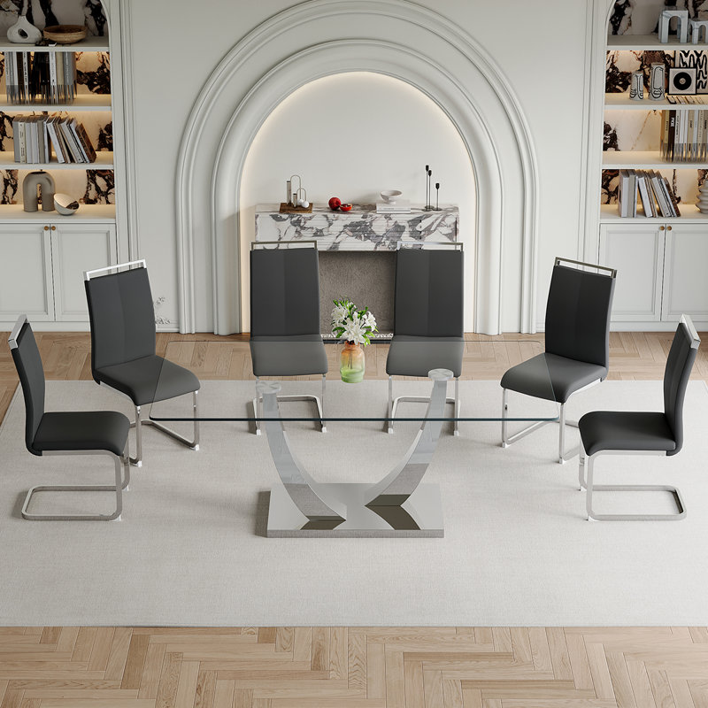 Glass Dining Table Set, Black, 7