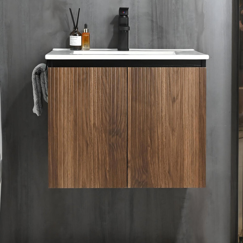 Armoire de salle de bain murale avec lavabo en céramique, Noir / noyer foncé