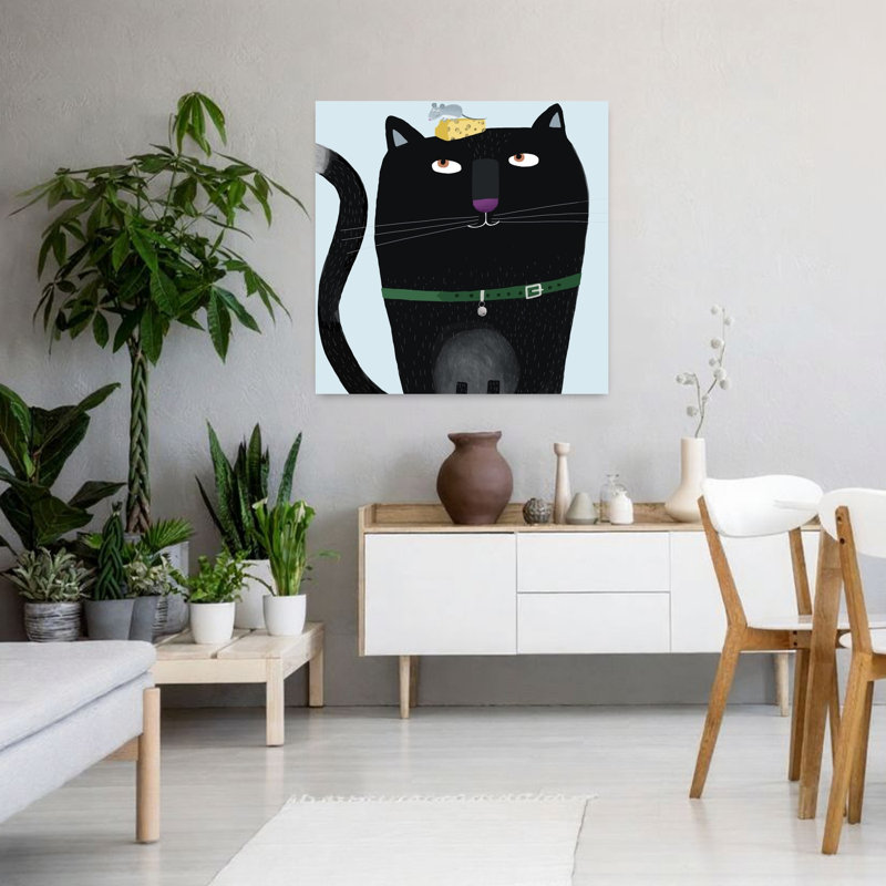 Curious Cat And Mouse Playful Whimsical Contemporary Cat Wall Art Print by Carla Daly - Wrapped Canvas Print