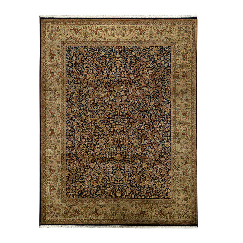 Tapis beige / noir / vert en laine noué à la main de conception unique 9 pi 2 po x 12 pi