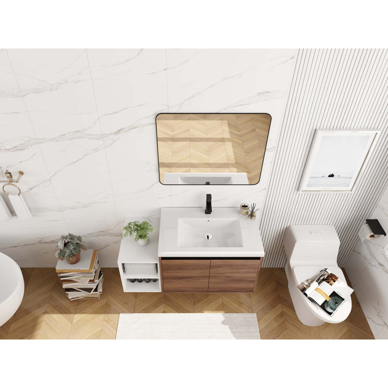 Meuble-lavabo mural peu encombrant avec lavabo en résine intégré et rangement modulaire, 42"