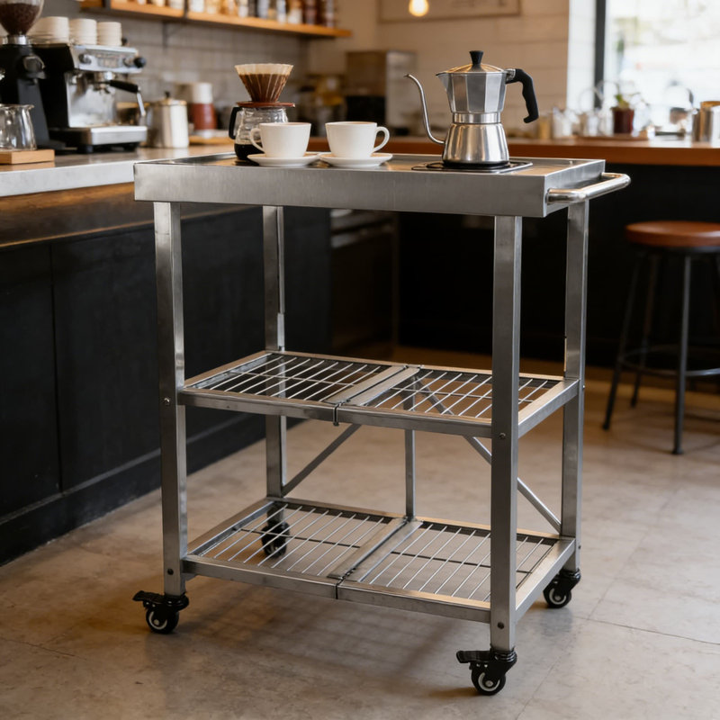 Chariot de cuisine pliable en acier inoxydable sur roulettes, chariot roulant de conception Origami avec rangement, îlot de cuisine mobile portable pour micro-ondes, station de préparation et barbecue