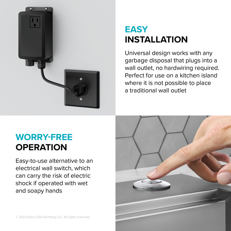 KRAUS Garbage Disposal Air Switch Kit with Push Button, AC Adapter, Power Cord, and Air Tube Included, Chrome