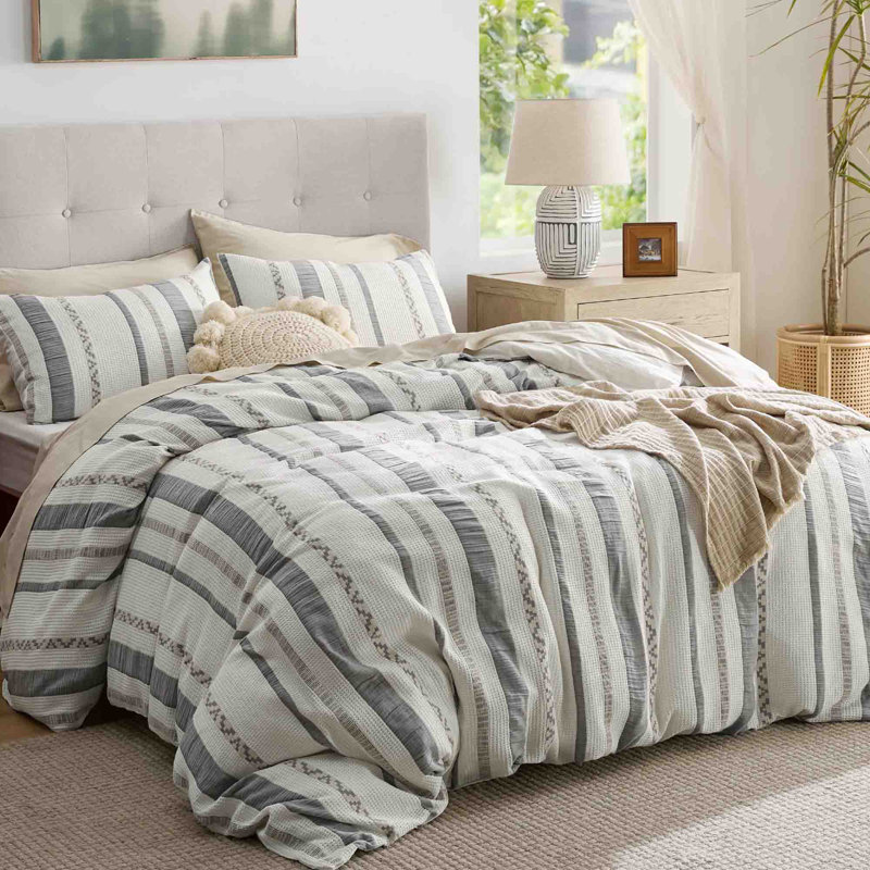 Housse de couette 100% coton gaufré, Housse de couette très grand et 2 taies d'oreille, Rayé blanc