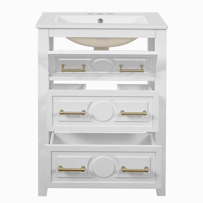 24'' Bathroom Vanity with Ceramic Sink Combo, Free Standing Single Vanity Set with 3 Drawers, Solid Wood Frame Bathroom Storage Cabinet, White
