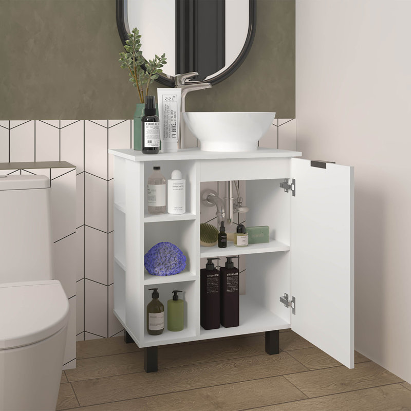 Meuble-lavabo blanc avec 1 porte et 8 tablettes de rangement, Blanc