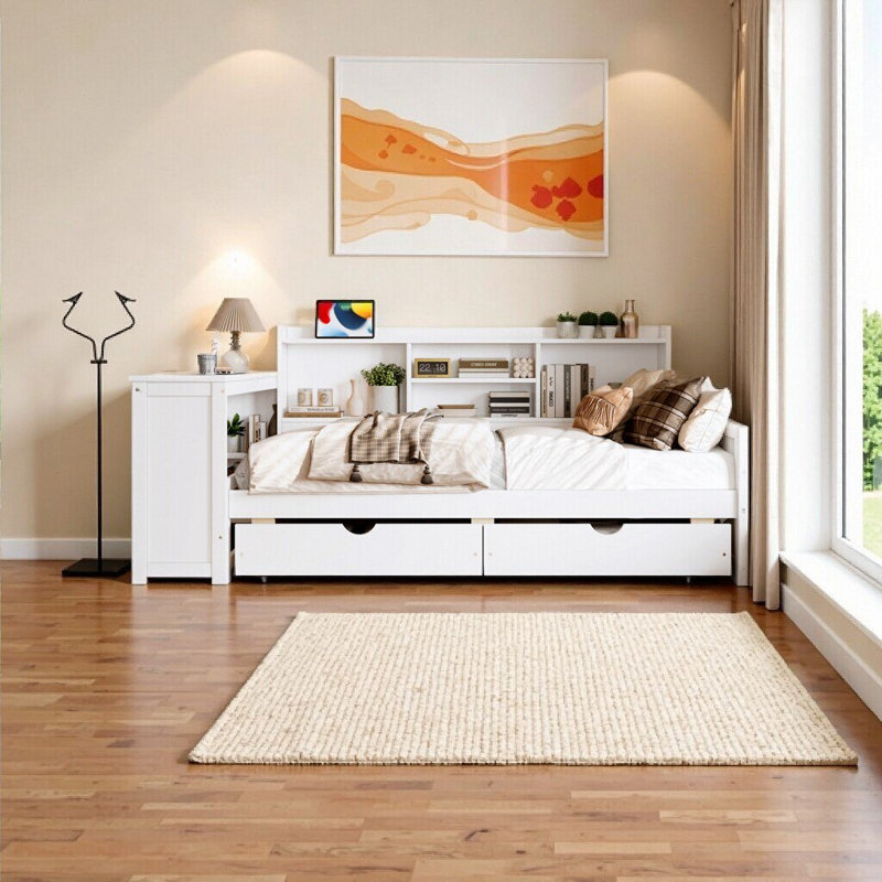 Lit de jour de coin simple blanc élégant avec tiroirs de rangement, bureau et port de charge - Mobilier de chambre à coucher peu encombrant