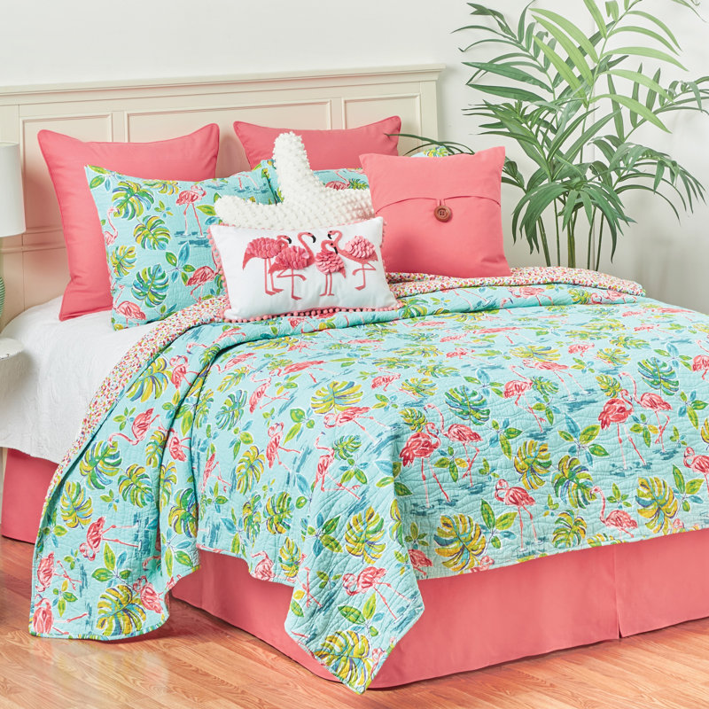 Blue Cotton Twin Reversible Quilt Set with Flamingo Design