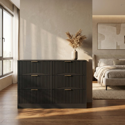 Modern Black 6 Drawer Dresser with Wavy Pattern Drawer Fronts, Chest of Drawers Storage Cabinet for Bedroom, Living Room, Hallway & Entryway, Contemporary Wooden Organizer with Spacious Storage