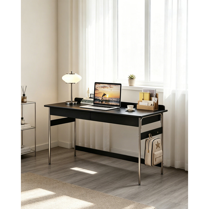 Bureau d'écriture de style Mid-Century avec deux tiroirs et crochets latéraux, H 29,53 po x l 55,12 po x P 23,62 po