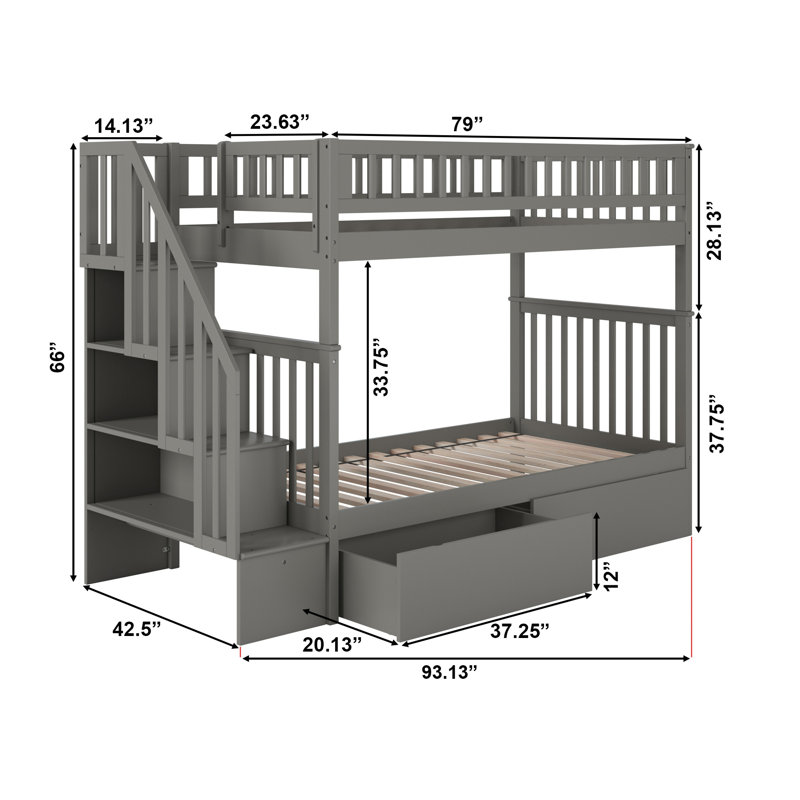Lit superposé en bois avec escalier et tiroirs Ilariana, Simple sur simple, Gris