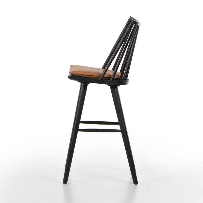 Lewis Windsor Solid Wood Stool, Bar Stool (29" Seat Height), Black Oak, Brown/Sheepskin