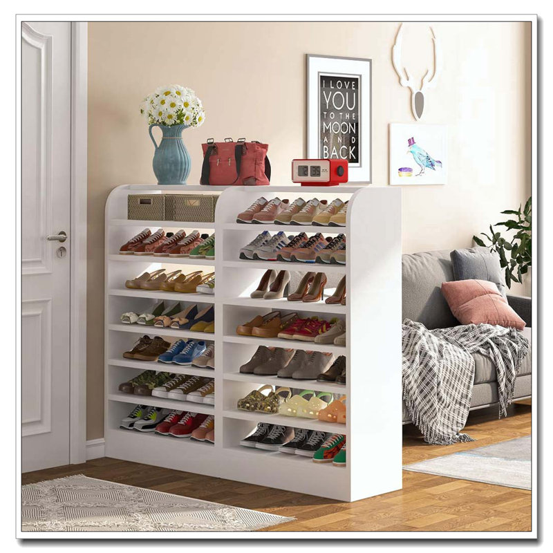 Range-chaussures blanc de 25,59 po de largeur, grande étagère à chaussures à 8 niveaux, armoire à chaussures en bois
