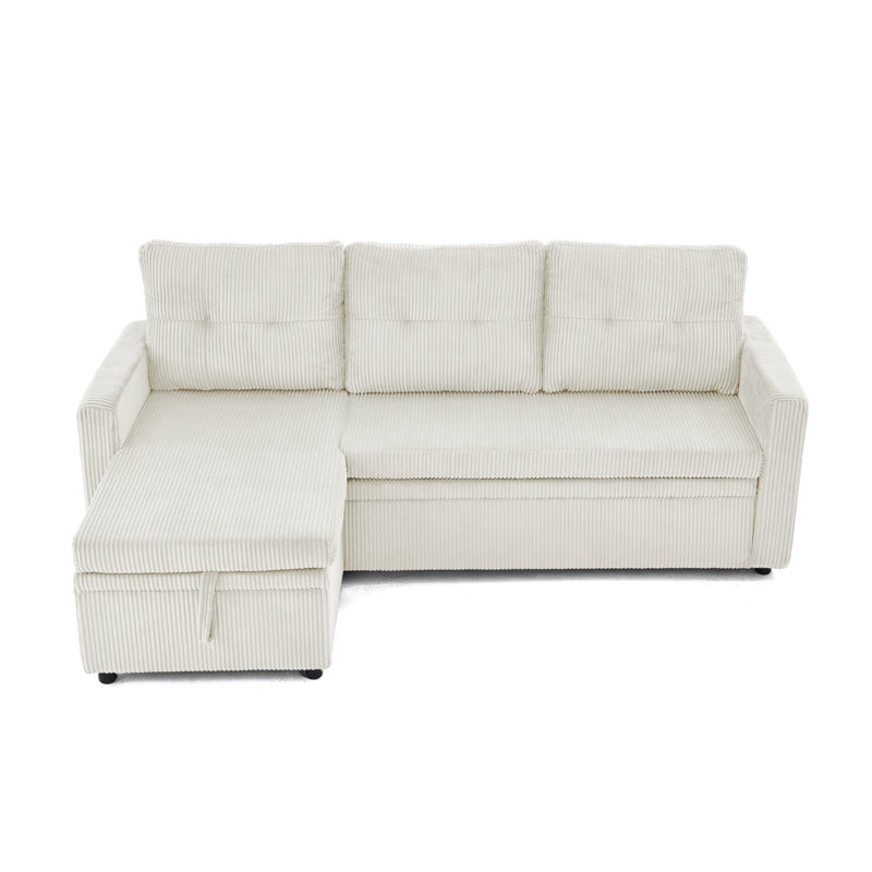 Upholstered L-Shape Beige Corduroy Space-Saving Sleeper Pull-Out Sofa With Hidden Storage, Beige Corduroy