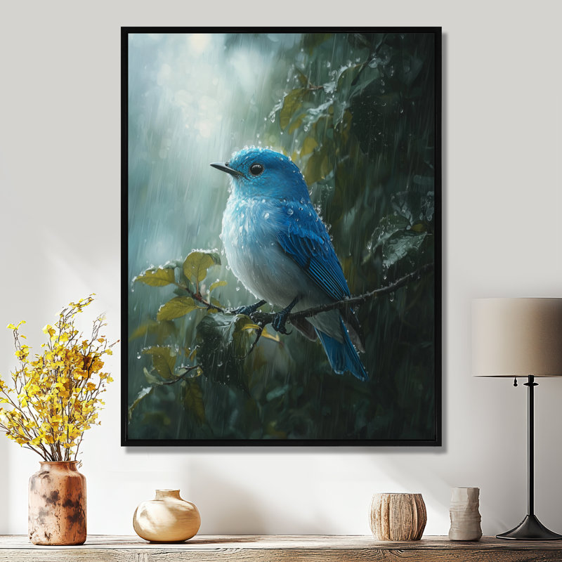 «Bluebird In The Forest Rain I», reproduction d'art sur toile, Noir, Impression encadrée flottante, H 20 po x l 12 po