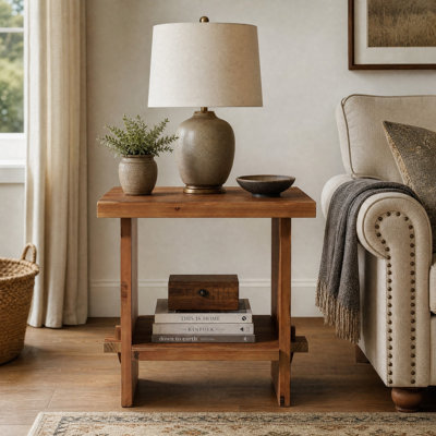 23.6" Solid Wood Side Table, Farmhouse 2-Tier End Table with Thick Top & Storage Shelf for Living Room