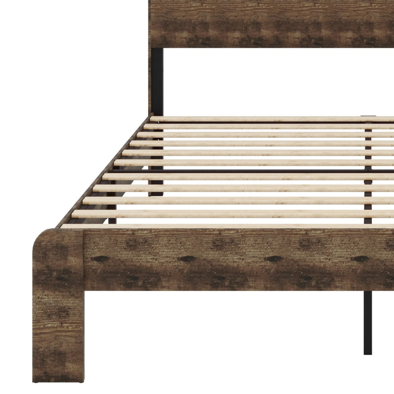 Structure de lit plateforme en bois avec tête de lit à DEL avec rangement et 2 USB, grand rangement sous le lit, Double