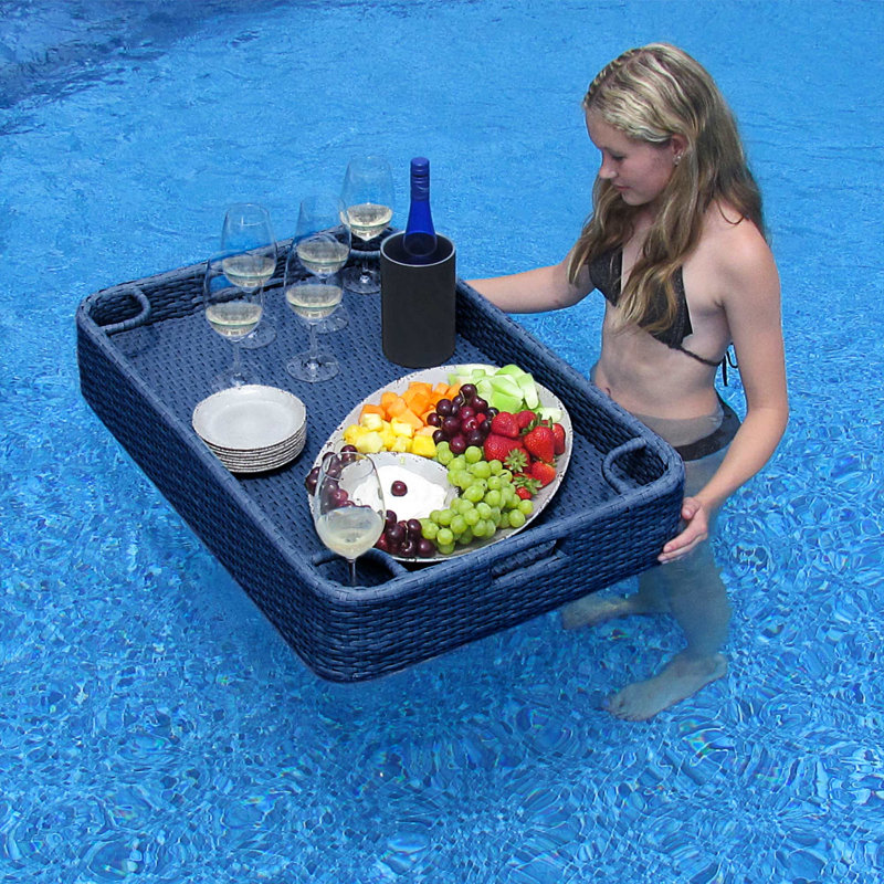 Sunjoy Wicker Floating Tray 36x24 inch Aluminum Frame Pool Tray Swimming Floating Serving Tray for Drinks, Snacks, and Essentials