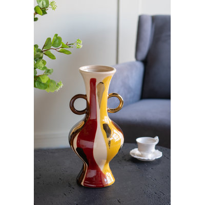 Vase rond en céramique avec finition abstraite multicolore et petites poignées