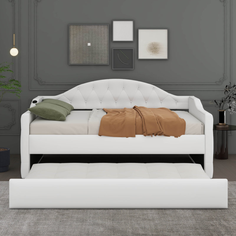 Harlowe Twin Size Tufted Velvet Upholstered Daybed With Trundle, USB & Type-C Charging Port, Beige