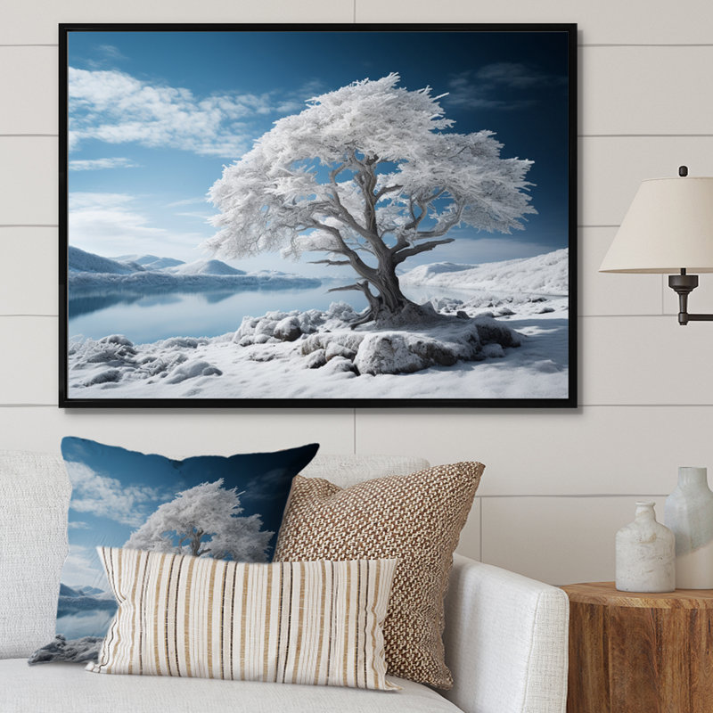 Monochromes bleus et blancs Winters Reflection II - impression, H 30 po x l 40 po x P 1,5 po, Cadre flottant noir
