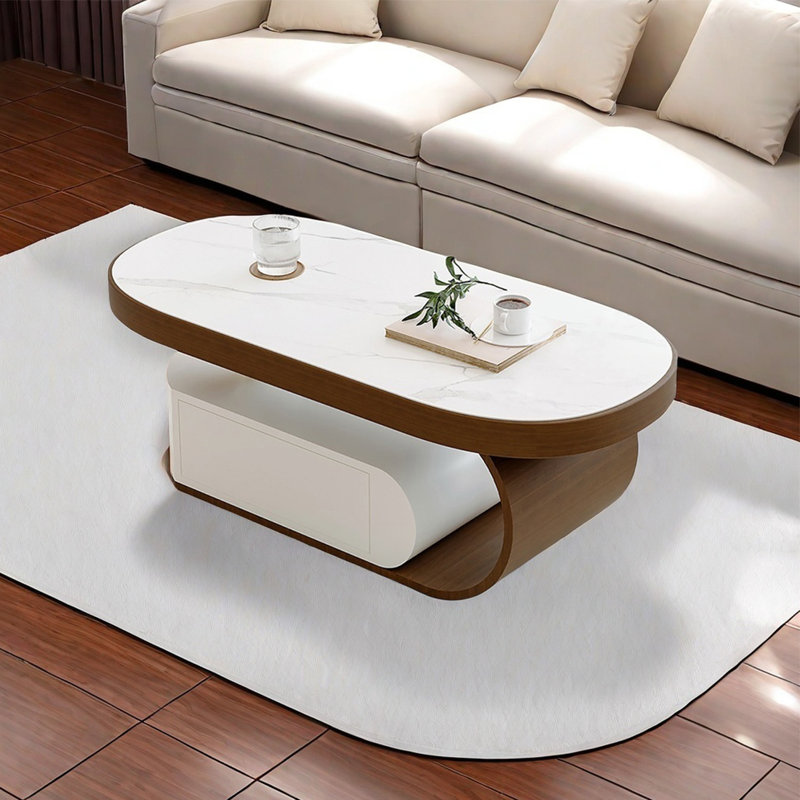 Modern simple oval shaped coffee table, White/Dark Walnut, Walnut/White, 16.5" H x 43.3" L x 23.6" W