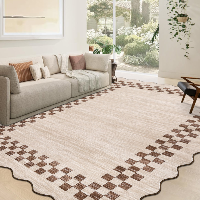 Scalloped Area Rugs Modern Bordered Accent Carpet,Non-Slip Floor Cover,Stain-Resistant Indoor Mat for Bedroom,Kitchen,Living Room