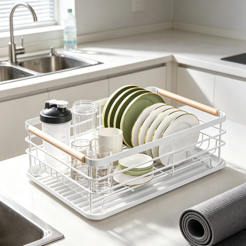 White Dish Drying Rack with Drip Tray & Cutlery Holder