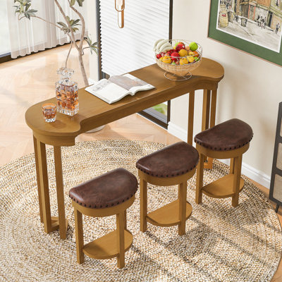 4 Piece Bar Table Set With3 PU Upholstered Bar Stools, Breakfast Table With 3 Padded Stools Solid Wood Counter Height Dining Table Set For Living Room