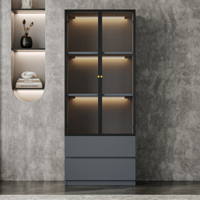 Crafton Modern 23.6" Gray China Cabinet Lighted Dining Shelf, Wooden Curio Cabinet Display Hutch Bookcase With Colorless Tempered Glass Doors and Storage Drawers And Wireless LED Light For Kitchen Living Room Bedroom Study
