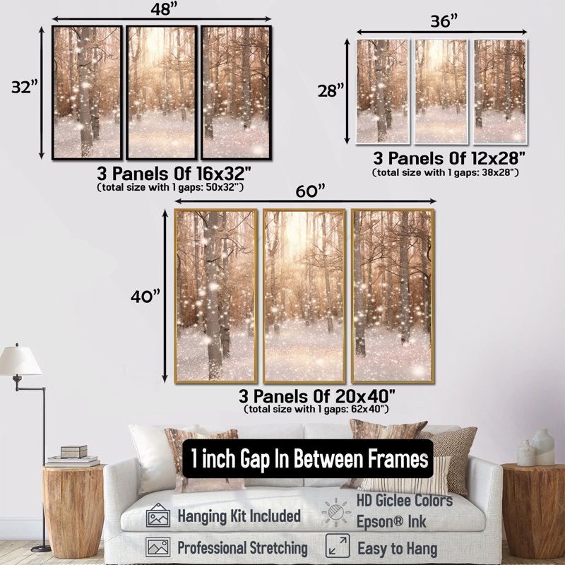 Sparkling Snow Sunshine - Ensemble de décoration murale arbre séquoia, Cadre flottant doré, H 32 po x l 48 po x P 1 po