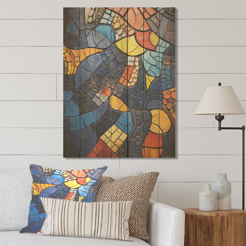Carreaux de mosaïque jaune et bleu III - mosaïque bohème sur bois, H 40 po x l 30 po