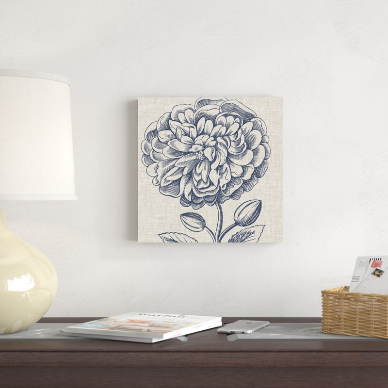 Indigo floral sur lin III, H 12 po x l 12 po x P 1,25 po