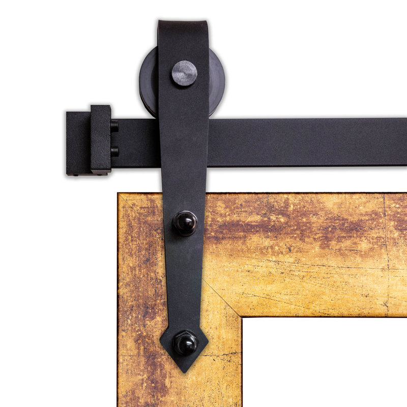 Miroir rustique moderne avec rail de porte de grange en acier, Doré et bronze, 32 po x 33 po