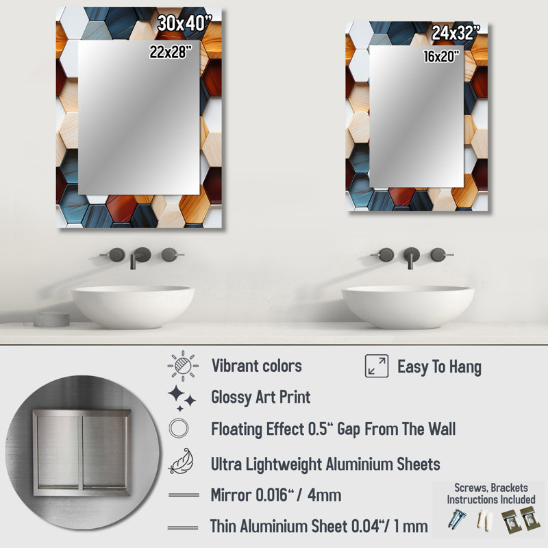 Orange And Grey Hexagons Angularity - Geometric  Decorative Mirror, Modern Large Wall Mirror, Printed Metal Art, 32" x 24"