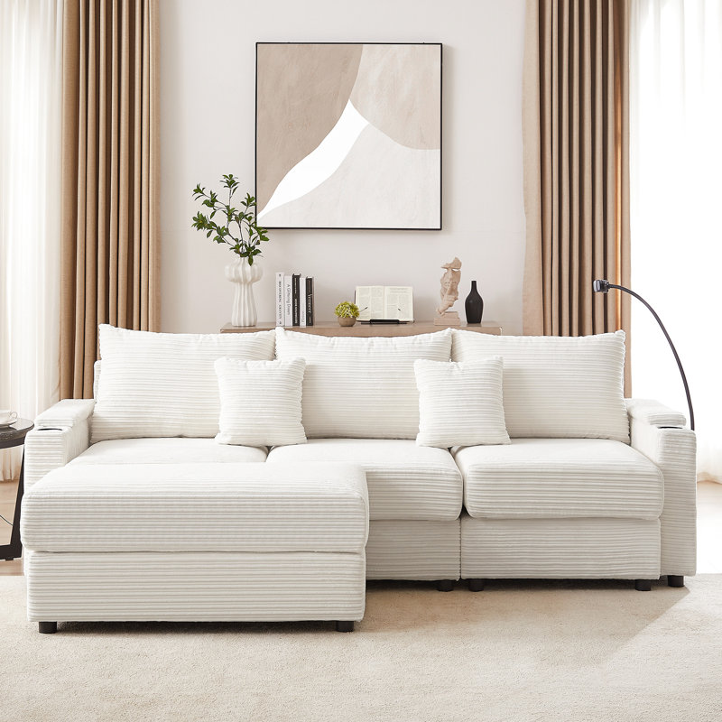 Canapé modulaire moderne beige avec rangement, meubles, hublots, porte-boissons, porte-téléphone pour porte-gobelet