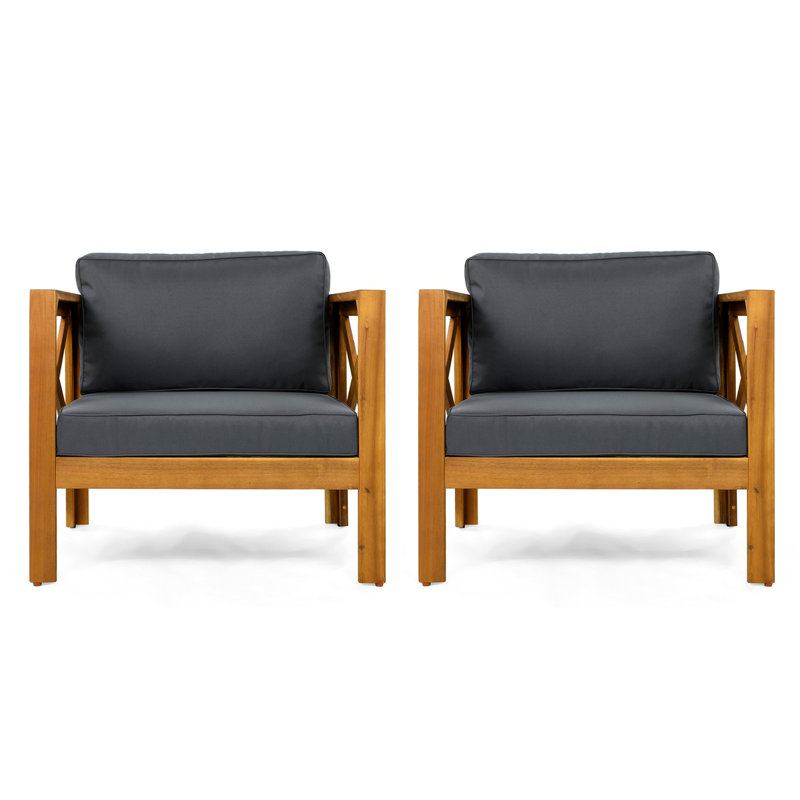 Fauteuil club d'extérieur en bois d'acacia avec coussins, Gris foncé