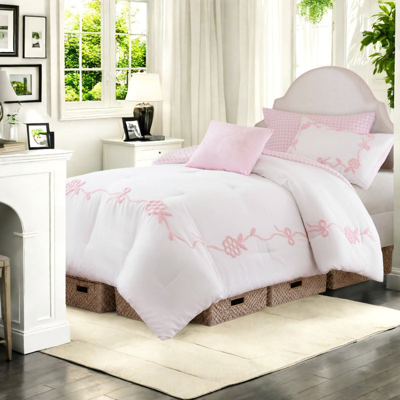 Ensemble de literie rose simple / simple TG, ensemble de nœuds floraux en microfibre pour chambre de fille