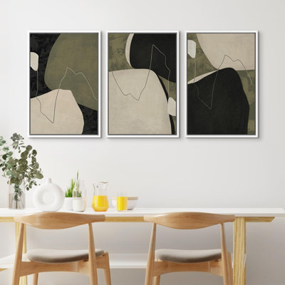 Nordic Shapes " Mid Century Modern Green Color Block Abstract Shapes Illustrations Art Decor Chic Bedroom Office " 3 - Pieces