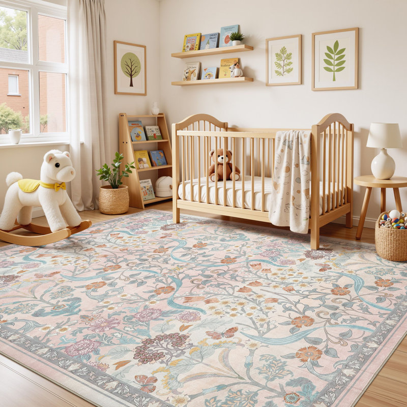 Farmhouse Floral  Area Rug Washable with Non-Slip for Playroom Living Room Bedroom -Pink, Rectangle 8' x 10', Pink