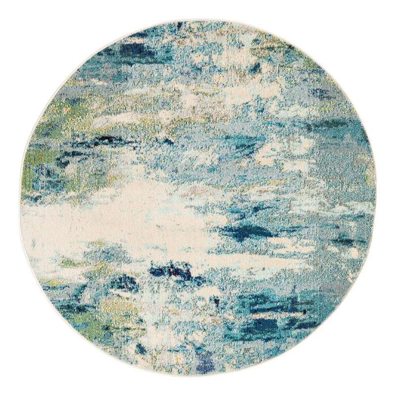 Tapis bleu clair tissé à la machine à motif abstrait Keimar, Rond 5 pi 1 po