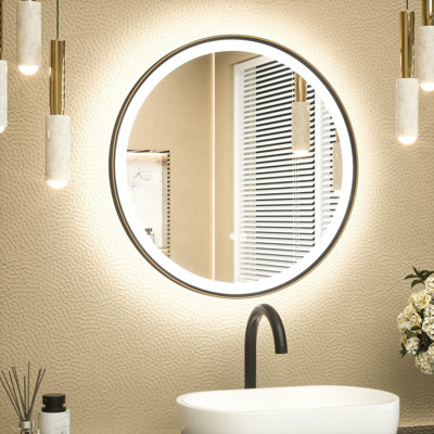 Miroir de salle de bain rond arrondi à DEL à intensité variable avec miroir de salle de bain à réglage de 3 couleurs et miroir de salle de bain rétro-éclairé avec verre trempé