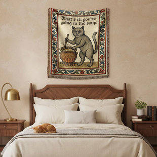 Weird Medieval Cat Woven Tapestry Blanket with Fringe Tassels, Vintage Cat Wall Hanging Art, Soft Multipurpose Sofa Throw for Bedroom Living Room Home Decor