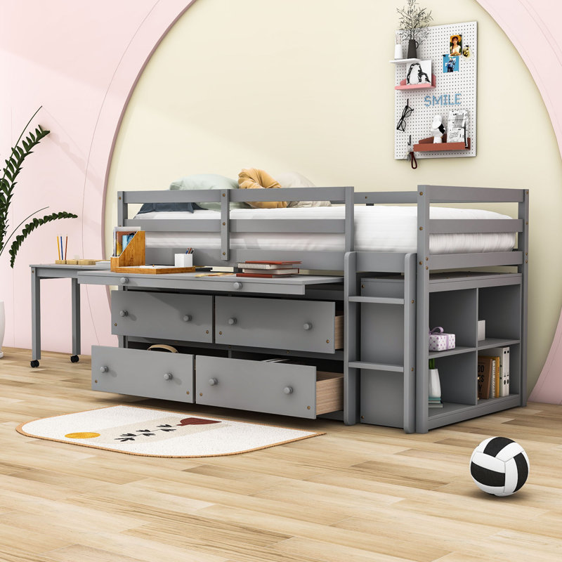 Jakilah Kids Loft Bed with Drawers, Gray, Twin