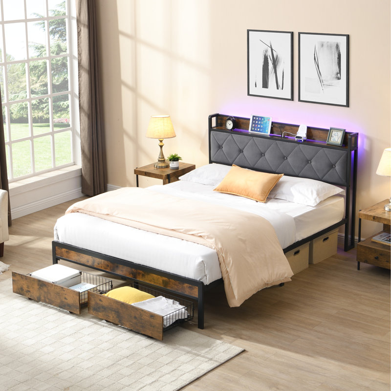 Structure de très grand lit avec éclairage à DEL, tête de lit avec rangement, roulettes à 2 tiroirs, chargement, gris, sans sommier, installation rapide, décoration de chambre à coucher moderne, métal durable, assemblage silencieux et éclairé,